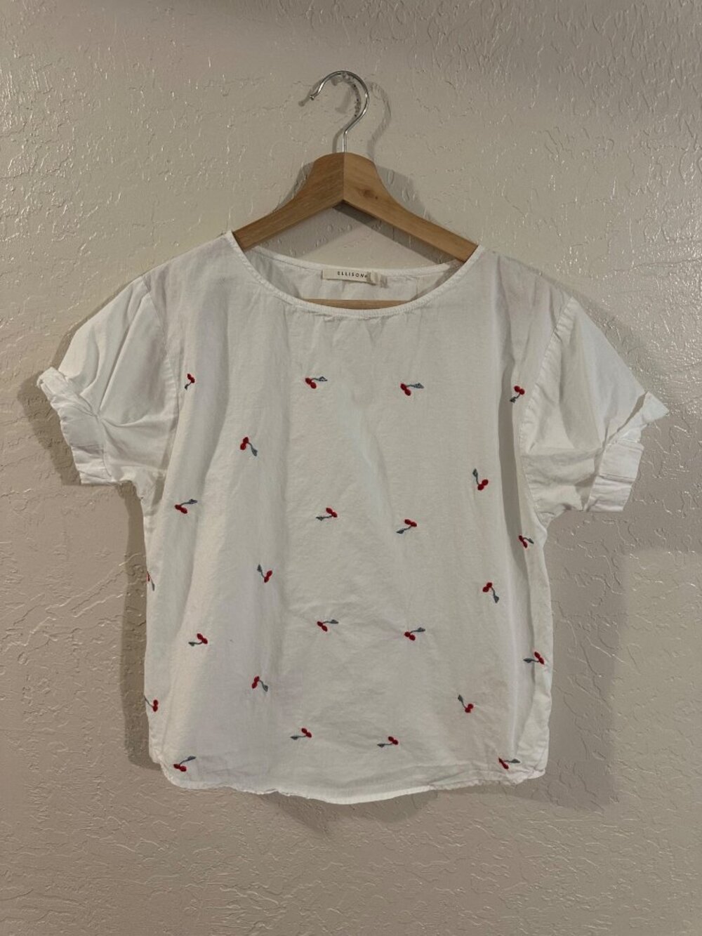 Ellison 100% Cotton Cherry Fruit Summer Short Sleeved White T Shirt